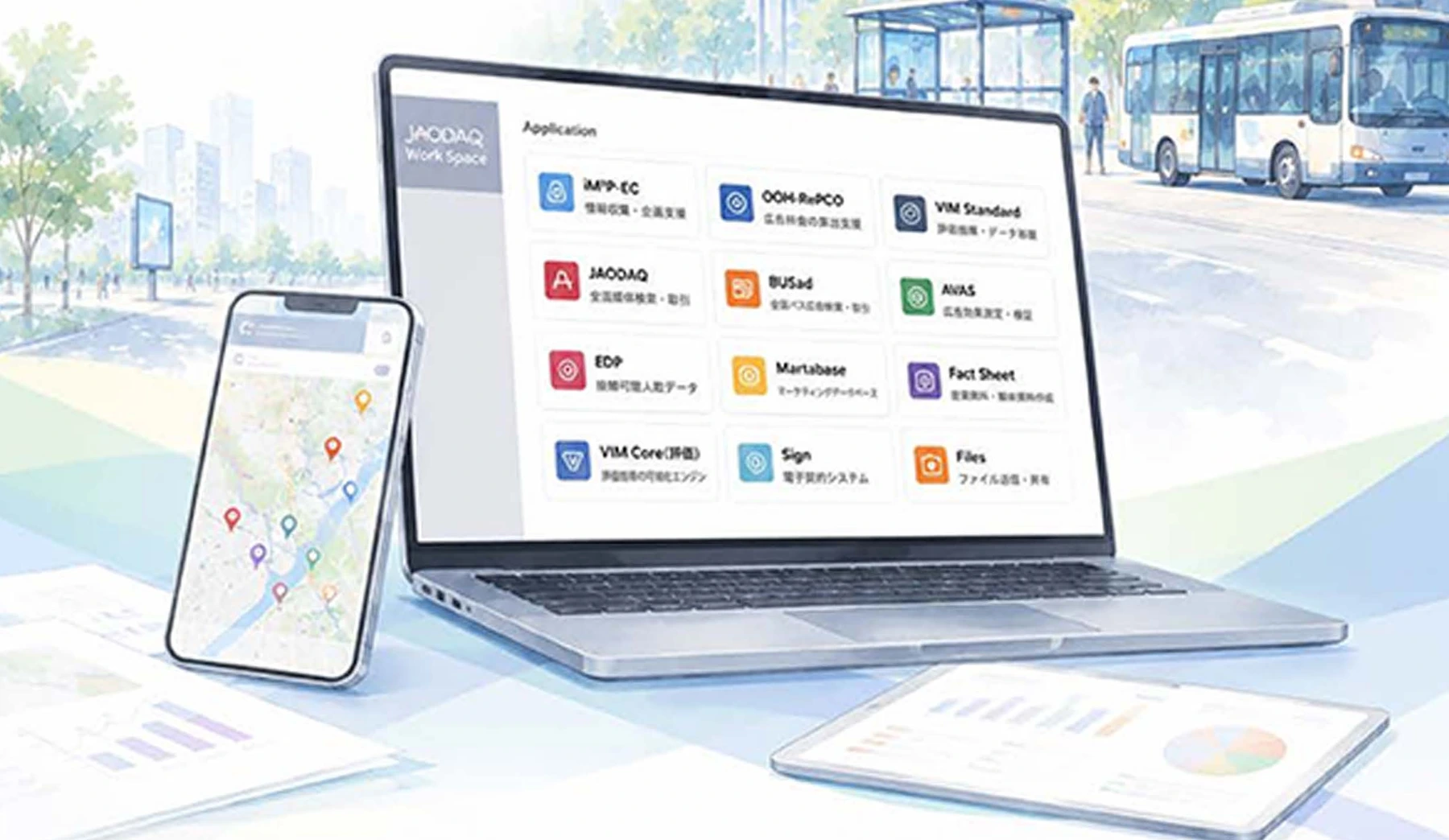 JAODAQ WorkSpaceを表示するパソコンとスマートフォン、屋外・交通広告のある街並み
